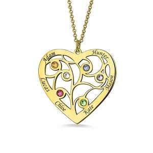 Heart Family Tree Necklace with birthstones in Gold Plating