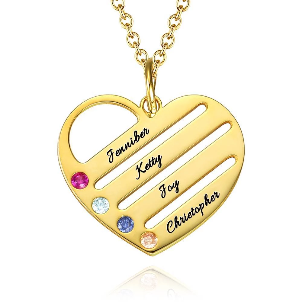 Birthstone Heart Necklace with Engraved Names - Gold Plated