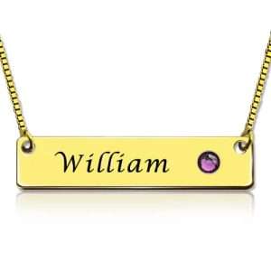 Name Bar Necklace with Birthstone 18K Gold Plated