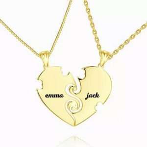 "True Love" Couples Heart Necklace With Engraving 14k Gold Plated