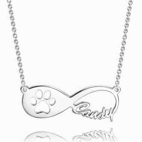 Dog Paw Print Infinity Name Necklace Silver