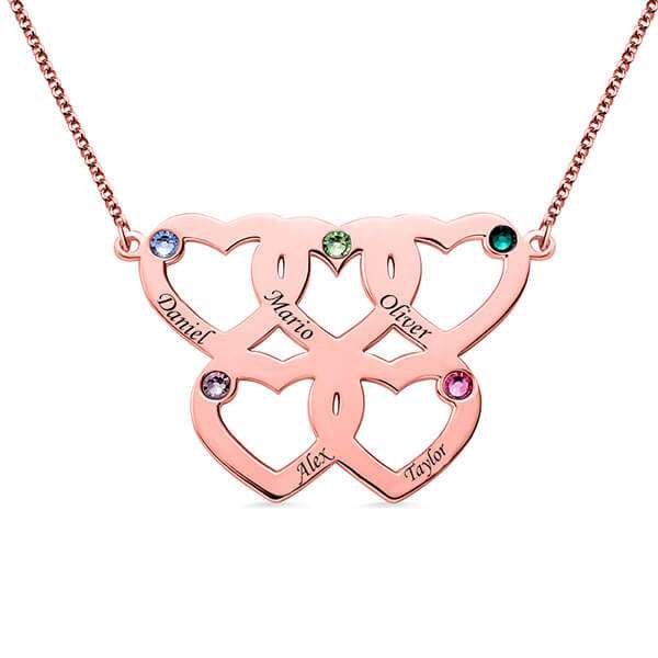 Engraved Five Hearts Necklace With Birthstones In Rose Gold