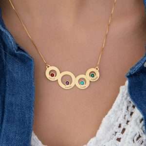 Gold Plated Circles Necklace with Engraving and Birthstones