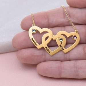 Intertwined Hearts Necklace with Birthstones - Gold Plated