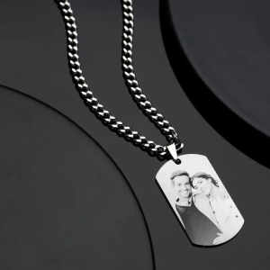 Mens Photo Engraved Tag Necklace With Engraving Stainless Steel