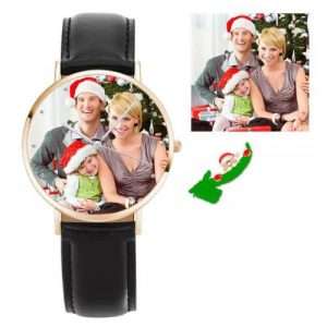 Unisex Rose Goldtone Photo Watch Black Leather Strap