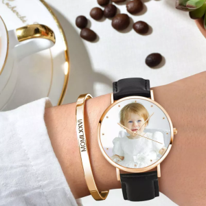 Womens Rose Goldtone Photo Watch Black Leather Strap