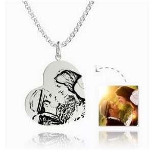 Womens Vertical Heart Photo Engraved Tag Necklace Silver