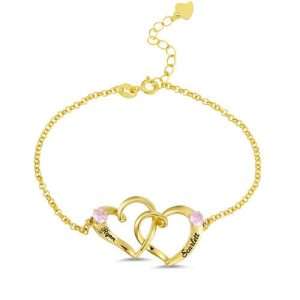 Custom Double Heart Engraved Name Bracelet In Gold