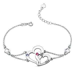 Engraved Interlocking Heart Birthstones Bracelet